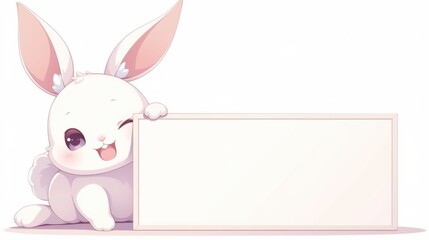 Fototapeta premium Cute rabbit holding up a blank sign empty banner anime style