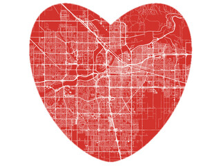 Heart-Shaped Map of Bakersfield California, USA in Bold Red and White Design.