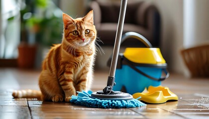 Fototapeta na wymiar Ginger cat watching home floor cleaning.