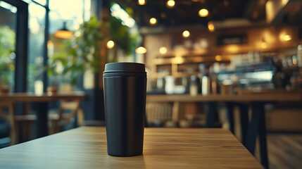 Fototapeta premium Black tumbler mockup on a table in coffee shop, black steel tumbler template