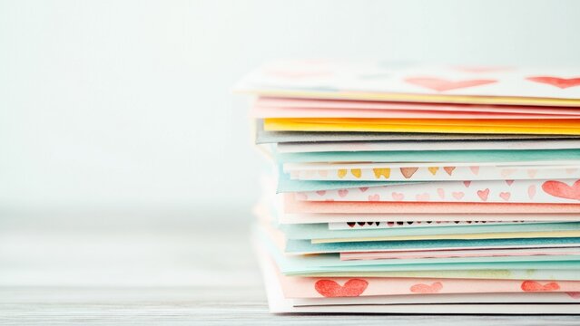 stack of valentine’s day cards with heart designs in soft pastel tones, copy space