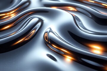 Abstract Metallic Surface with Reflective Fluid Waves and Warm Light