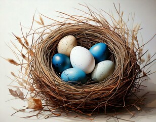 Obraz premium Białe i niebieskie pisanki w gnieździe. Wielkanocna dekoracja