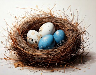 Obraz premium Białe i niebieskie pisanki w gnieździe. Wielkanocna dekoracja