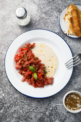 Homemade steak tartare with tuna sauce