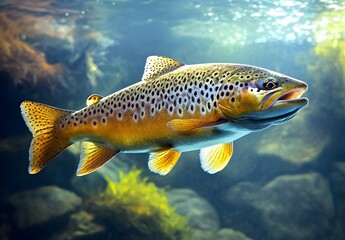 Naklejka premium Photo of a brown trout swimming in the water, with its distinctive spotted pattern and golden-brown color under soft sunlight. The background is an underwater view showing rocks covered by moss 