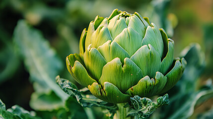 Fototapeta premium Close up of a growing ripe green artichoke