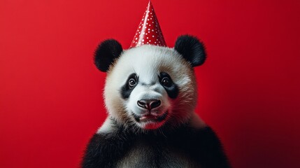 Obraz premium This adorable panda captures the essence of celebration, wearing a playful party hat atop its head. Set against a bright red backdrop, it radiates joy and festive spirit, perfect for any party theme