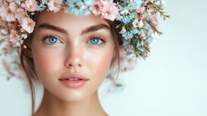 Closeup Portrait of Woman With Floral Headpiece and Neutral Background