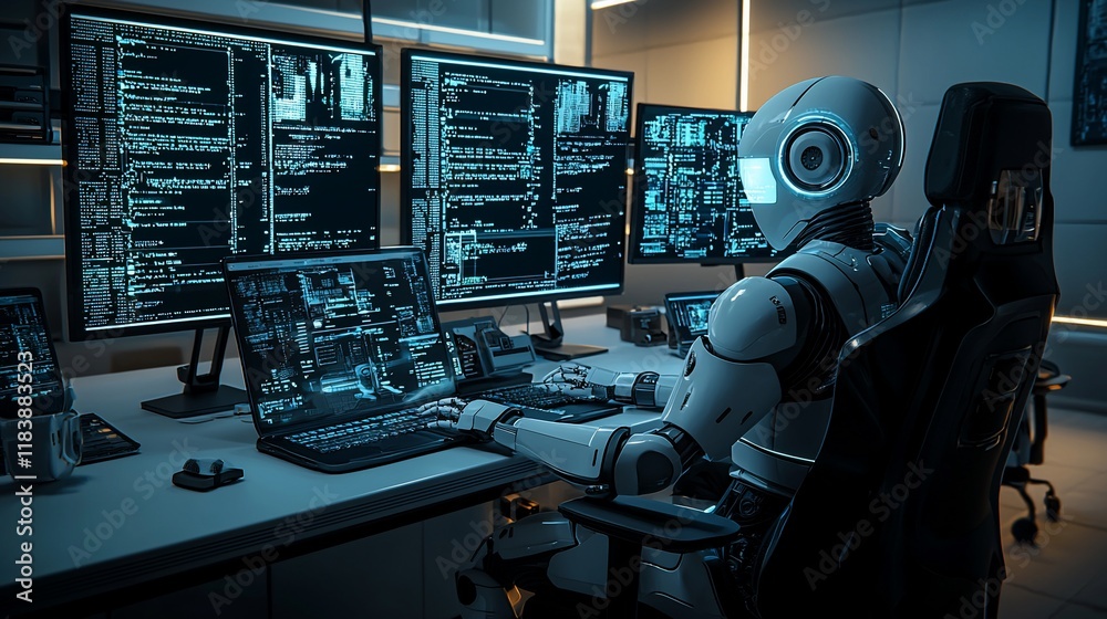 Poster Robot programmer working on multiple computer screens in a dark office.