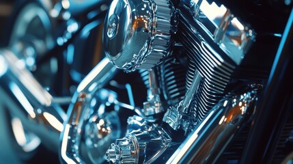 Close-up view of polished chrome motorcycle engine showcasing intricate mechanical details