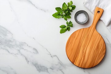 Pristine marble countertop featuring a wooden board and precisely placed linen napkin shot from an overhead perspective to highlight the clean uncluttered arrangement  Bright natural lighting