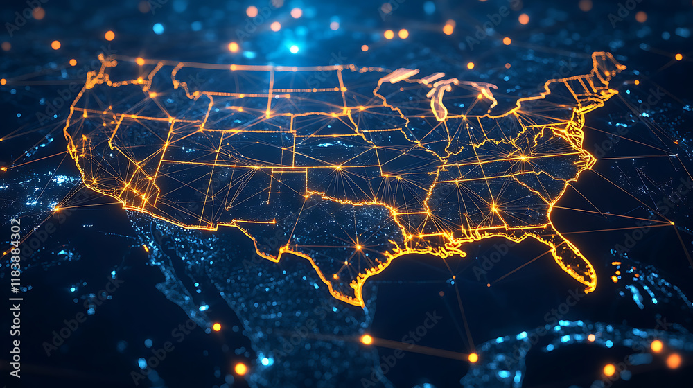 Aufkleber digital map of the usa with glowing connections, symbolizing networking, communication, and technolo