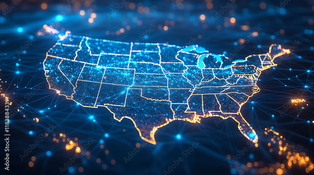 Aufkleber Digital map of the usa with glowing connections, symbolizing networking, communication, and technology