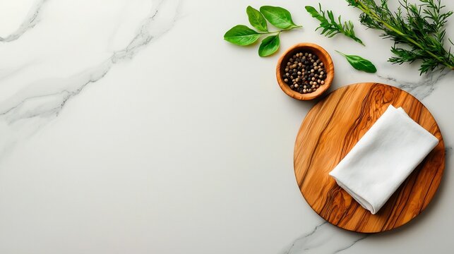 Minimalist and elegant marble countertop scene featuring a simple wooden chopping board and a neatly folded linen napkin captured from a birds eye perspective using a wide angle to create a balanced