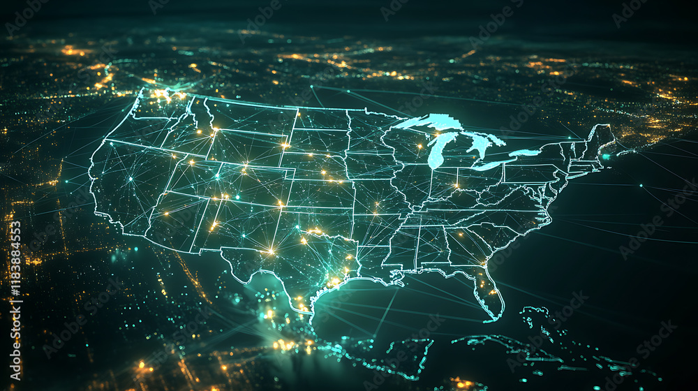 Aufkleber digital map of the usa with glowing connections, symbolizing networking, communication, and technolo