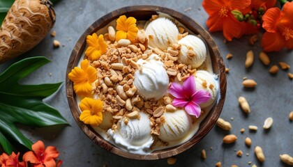 Fototapeta premium Delightful Coconut Ice Cream Experience with Tropical Flowers and Nuts in a Wooden Bowl