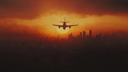 Airplane silhouette descending over city skyline during fiery sunset.