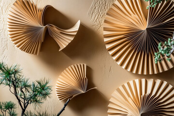 Creamy beige background with warm lighting, textured paper fans arranged in a minimalist style, soft shadows from plants