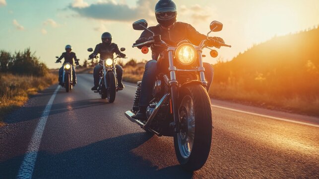 Bikers riding together along a scenic highway at sunset during a vibrant motorcycle rally