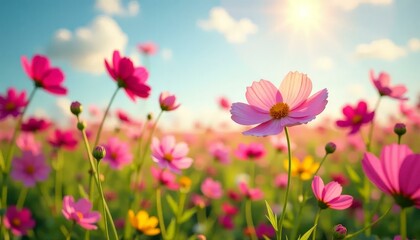 Pink Cosmos Flowers Field, Sunny Sky, Nature, Spring Bloom