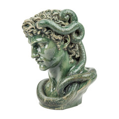 Jade green Greek statue of Gorgon with intricate snake details, showcasing classical mythology and...