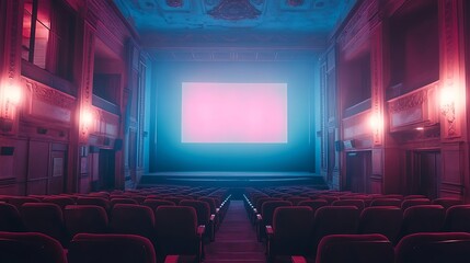 A photograph of an empty movie theater with dark blue lighting, a large screen, and rows of seats. The atmosphere is mysterious and inviting, perfect for showcasing the unique experience