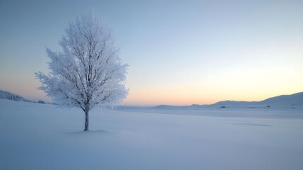 Solitary Frosty Tree Encased in Snow on a Calm Morning with Beautiful Soft Light and Horizon View