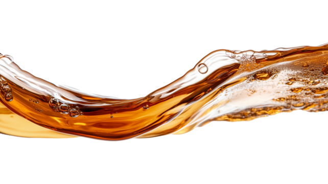 dynamic close up of dark brown liquid flowing in wave like motion, with bubbles and ripples adding texture and energy to scene. vibrant amber tones create sense of movement and fluidity