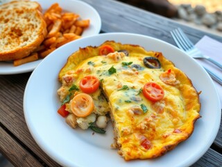 Coastal cuisine on full display with a seafood frittata on a beachside breakfast plate, paired with a side of crispy hash browns and warm toast