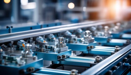 Fototapeta premium Manufacturing assembly line in operation, representing industrial processes, efficiency, and output.