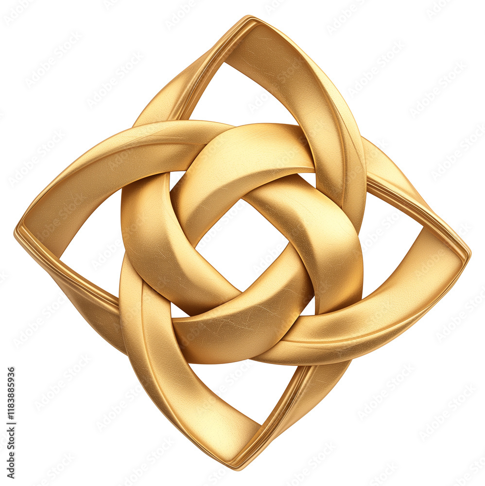 Poster gold interwoven geometric symbol with metallic foil texture, isolated on transparency background, sh