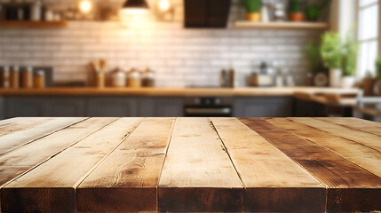 Empty top wood table in kitchen, for product display montage