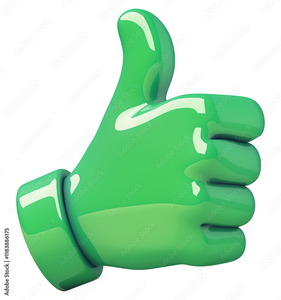 Poster green thumbs up icon with glossy finish and smooth edges, symbolizing approval or positivity. vibran