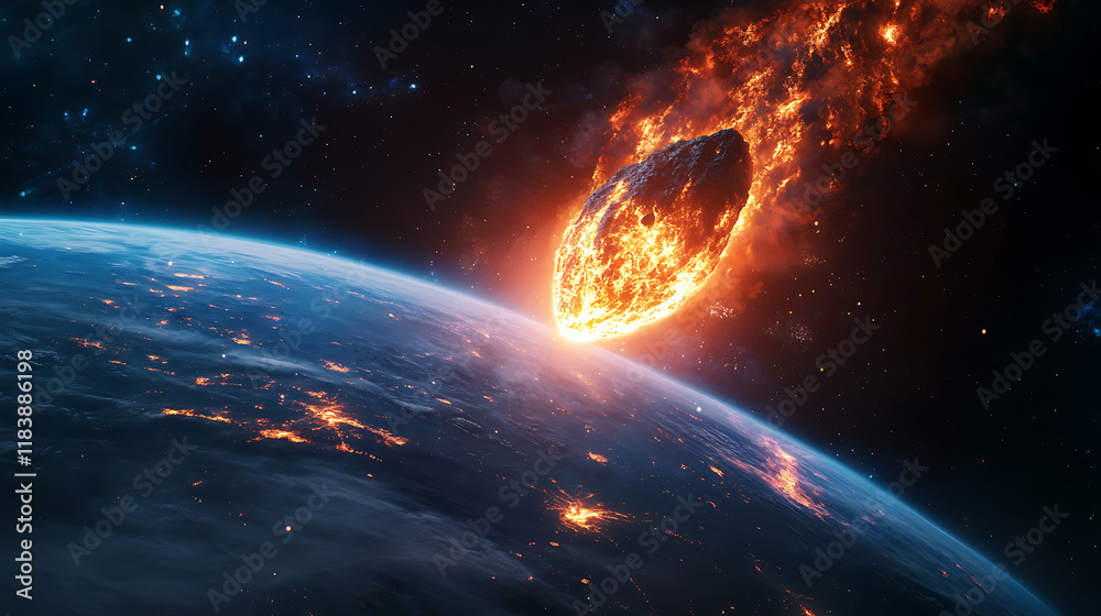 Aufkleber Fall of an asteroid or meteorite comet onto the planet, view from space, meteorite burning in atmosphere