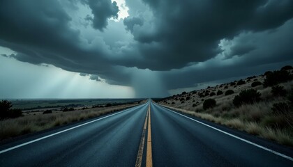 Fototapeta premium Stormy Road Ahead, Dark Sky Landscape, Rural Highway Rain