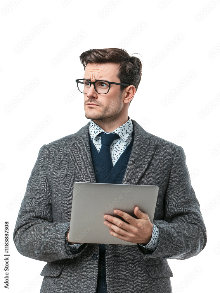 Poster man in formal attire with glasses holding laptop, looking thoughtful and focused, isolated on transp