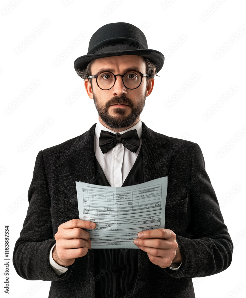 Poster man in formal attire, wearing bowler hat and glasses, holds tax form with serious expression, isolat