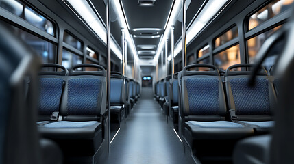 Obraz premium Front view of modern bus interior with reclining seats and aisle