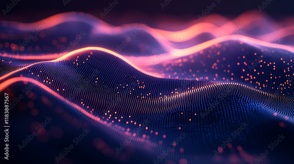 Aufkleber Futuristic data stream 3d illustration, data transfer technology, wave of dots and weave lines, abstract background