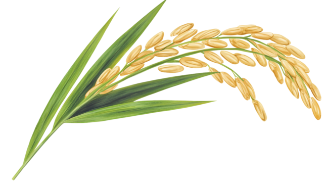 A rice ear on a white background, showcasing the beauty of traditional farming. Perfect for themes like Asian cuisine, agriculture, rural life, food sustainability, and organic crop production.