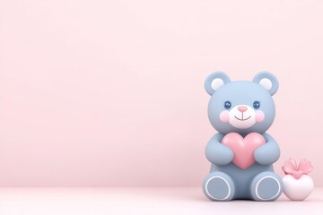 Fototapeta premium Valentines concept. Cute blue teddy bear holding a heart on a soft pink background.