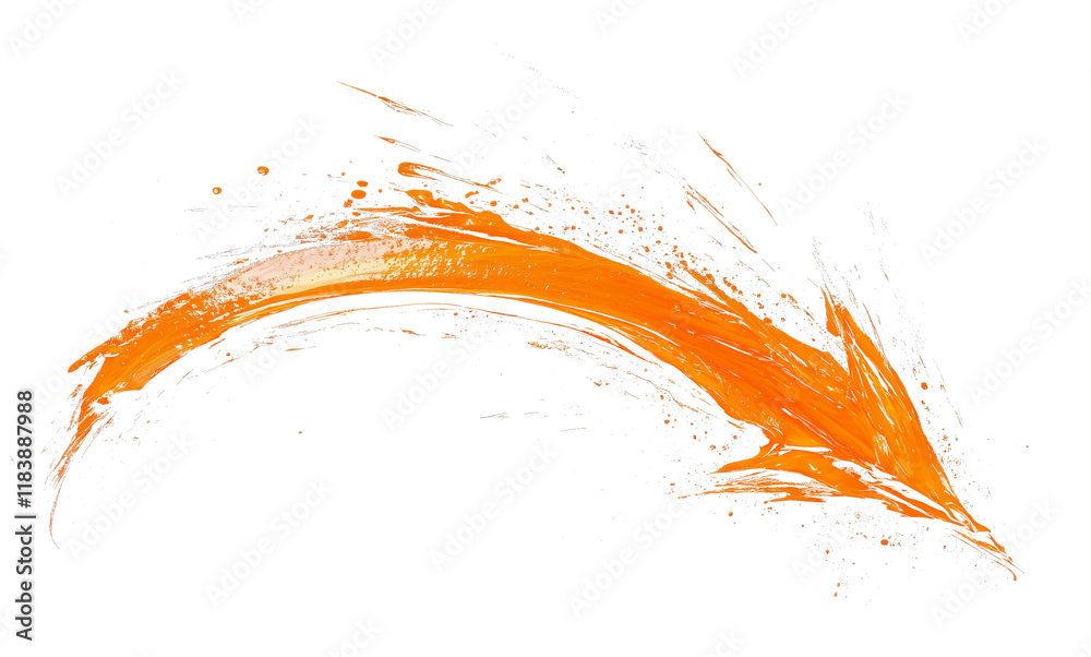 Aufkleber orange curved arrow painted with sharp and vibrant strokes, featuring splashes and dynamic brush effects, creating bold and energetic design on transparent background