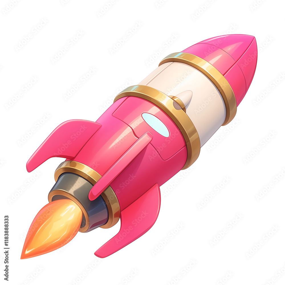 Poster pink and gold rocket with glossy finish, featuring sleek design and vibrant flame, isolated on trans