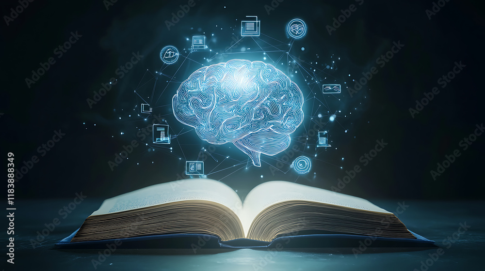 Fototapete Glowing virtual brain floats above an open book with leaning icons on dark background which is a symbol of study a knowledge will help solve problem and solution concept