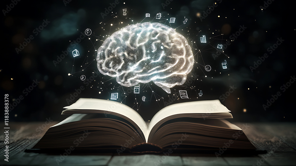Fototapete Glowing virtual brain floats above an open book with leaning icons on dark background which is a symbol of study a knowledge will help solve problem and solution concept