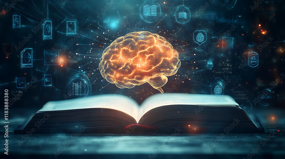 Poster Glowing virtual brain floats above an open book with leaning icons on dark background which is a symbol of study a knowledge will help solve problem and solution concept