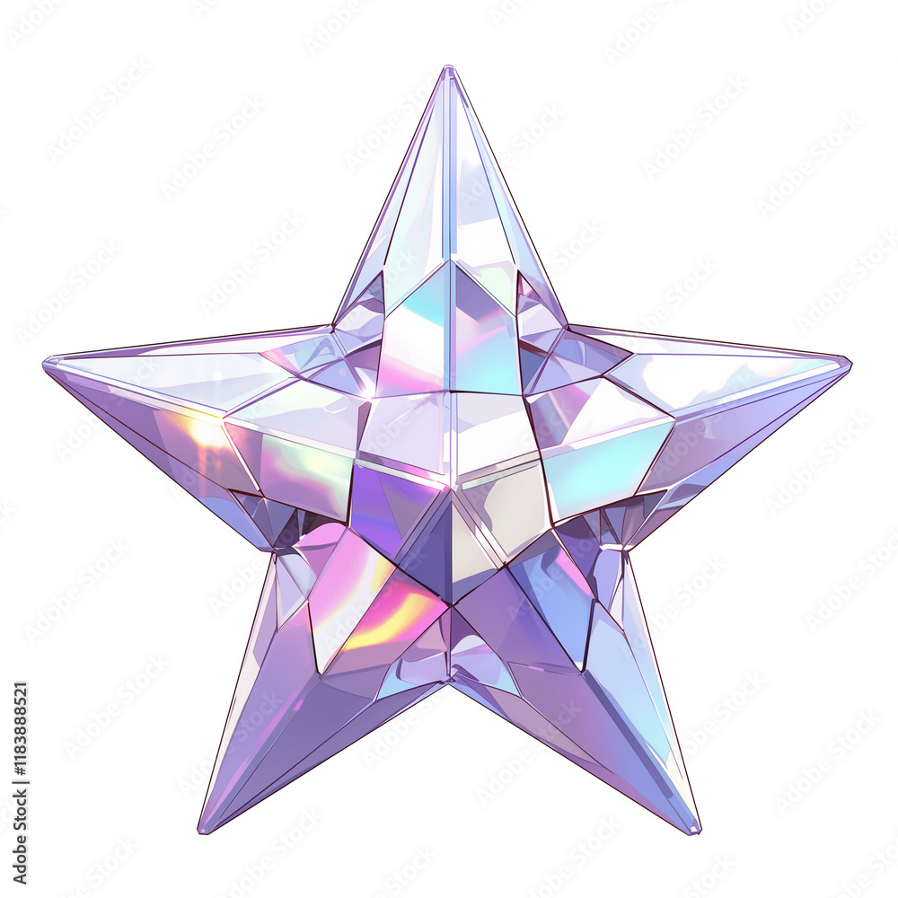 Poster holographic, iridescent star with crystal like texture and reflective surface, isolated on transpare