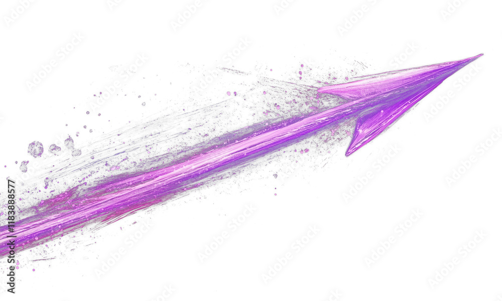 Poster dynamic purple curved arrow with smooth sweeping brush effects and splatter details, symbolizing motion and creativity on transparent background