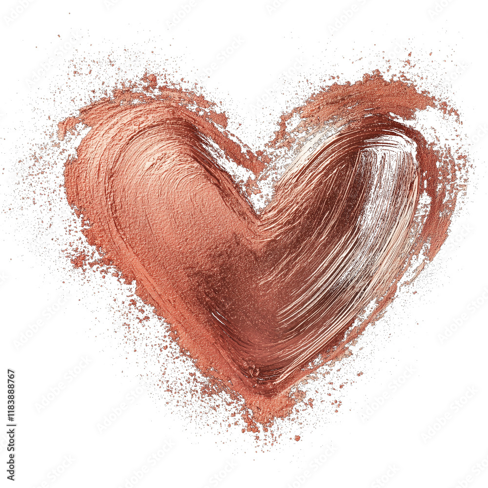 Poster rose gold heart with shimmering brushstroke patterns and scattered powder texture on transparency ba